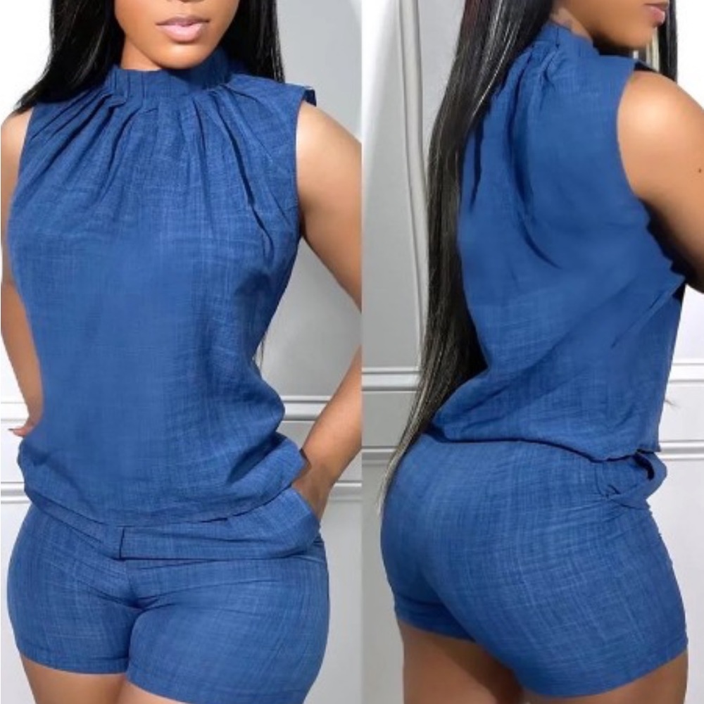 2 pc denim like short set. Labeled as large, fits like a medium. Brand new.